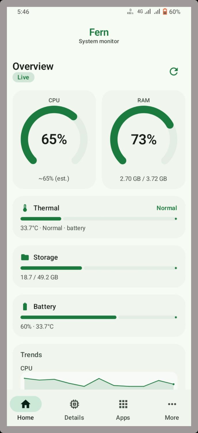 Fern home light theme CPU RAM monitor